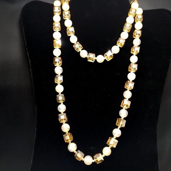 Square Crystal Light Topaz Crackle Glass Beaded Long Necklace, 40" Hand-knotted - Picture 2 of 10